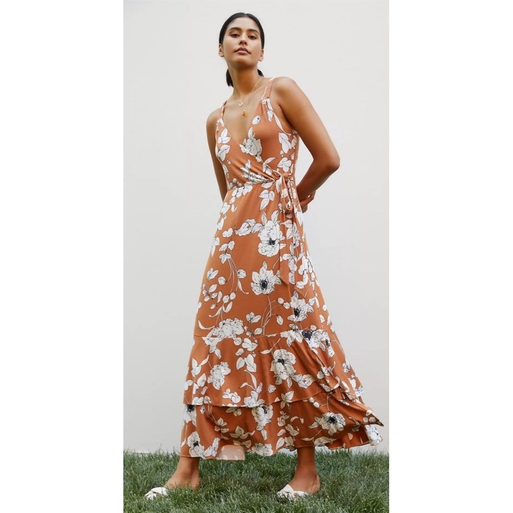 Anthropologie Ruffled Floral Tiered Midi Dress S Faux Wrap Sleeveless Boho Fall